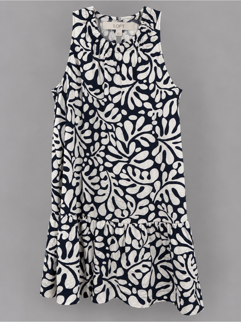 NWT LOFT Navy White Abstract Floral Tiered Sleeveless Dress L